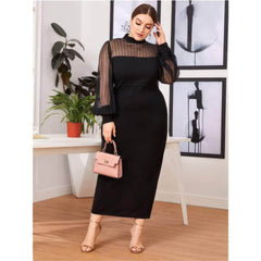 Plus Size Sheer Long Sleeves High Neck Midi Dress