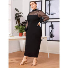 Plus Size Sheer Long Sleeves High Neck Midi Dress
