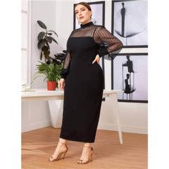 Plus Size Sheer Long Sleeves High Neck Midi Dress