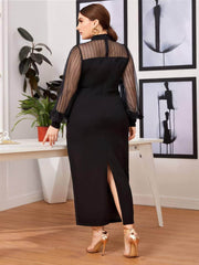 Plus Size Sheer Long Sleeves High Neck Midi Dress