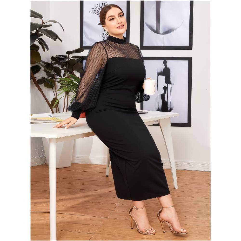 Plus Size Sheer Long Sleeves High Neck Midi Dress