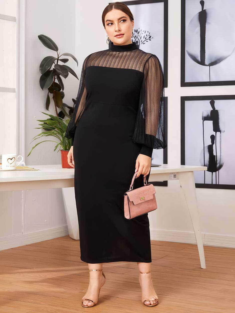 Plus Size Sheer Long Sleeves High Neck Midi Dress US 16-18 / Black