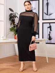 Plus Size Sheer Long Sleeves High Neck Midi Dress US 16-18 / Black