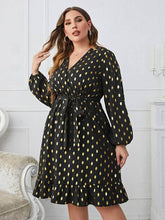 Plus Size Shimmery Polka Dot Print Tie Waist Ruffle Hem Dress US 16-18 / Black