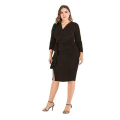 Plus Size Shimmery Surplice Neck Side Ruffled Midi Dress