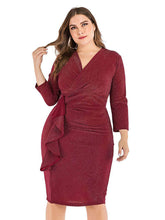 Plus Size Shimmery Surplice Neck Side Ruffled Midi Dress US 16-18 / Maroon