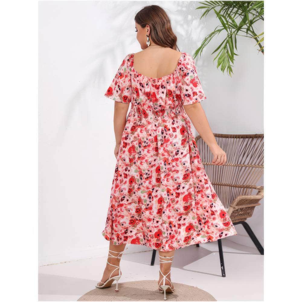 Plus Size Short Flared Sleeves Boat Neck Floral Ruched Dress