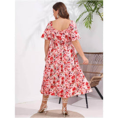 Plus Size Short Flared Sleeves Boat Neck Floral Ruched Dress