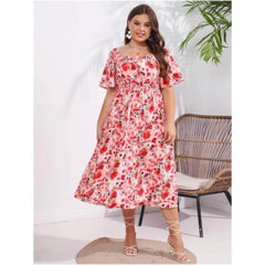 Plus Size Short Flared Sleeves Boat Neck Floral Ruched Dress