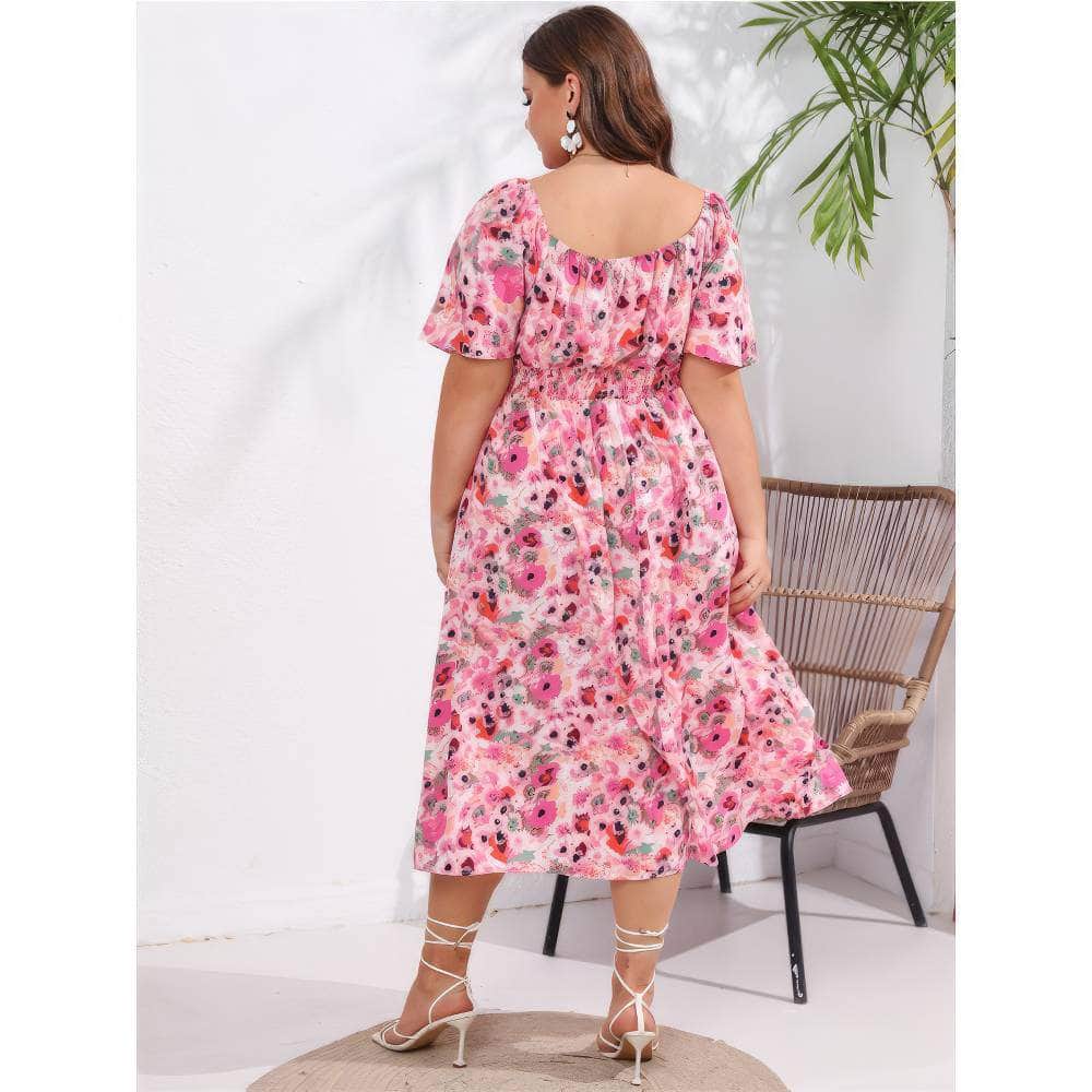 Plus Size Short Flared Sleeves Boat Neck Floral Ruched Dress