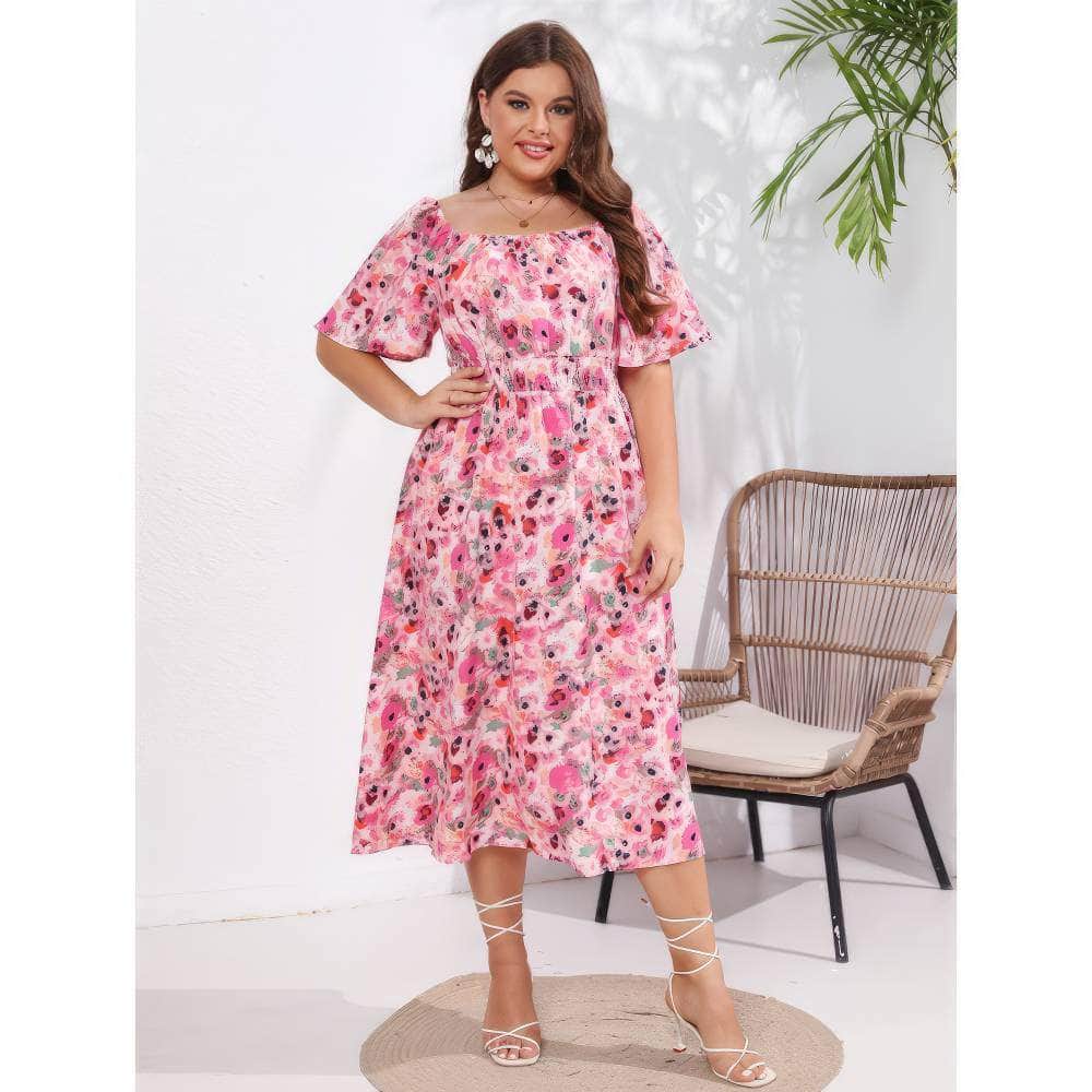 Plus Size Short Flared Sleeves Boat Neck Floral Ruched Dress