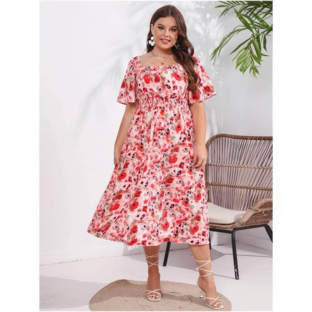 Plus Size Short Flared Sleeves Boat Neck Floral Ruched Dress