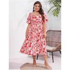 Plus Size Short Flared Sleeves Boat Neck Floral Ruched Dress