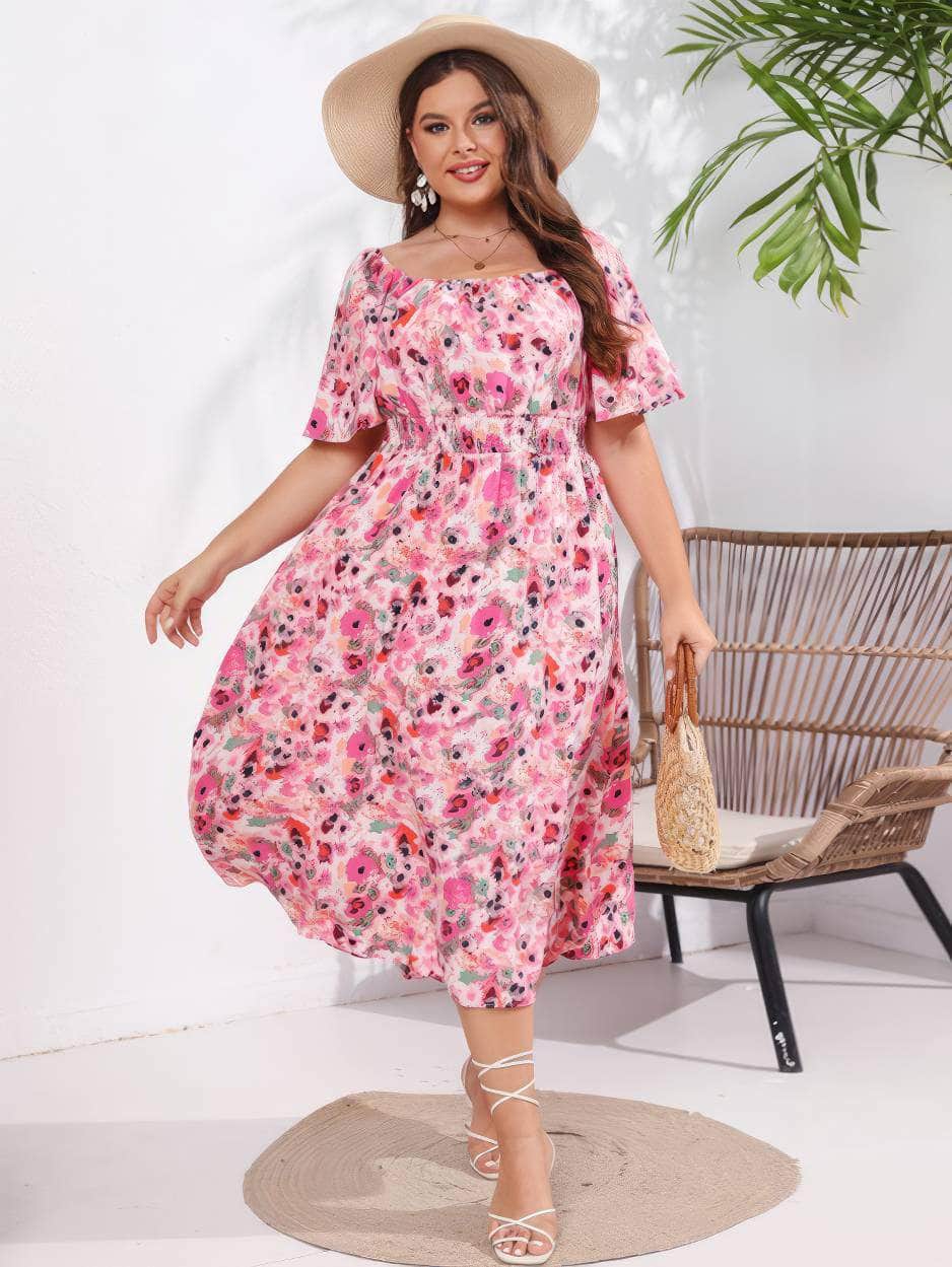 Plus Size Short Flared Sleeves Boat Neck Floral Ruched Dress US 16-18 / DeepPink