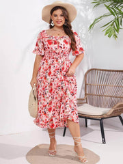 Plus Size Short Flared Sleeves Boat Neck Floral Ruched Dress US 16-18 / OrangeRed