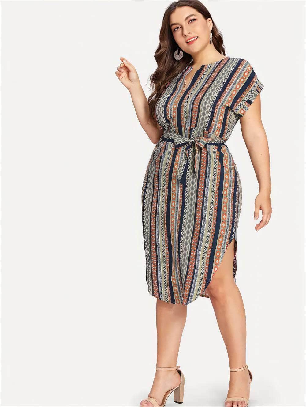 Plus Size Striped Split Belted Multi-Color Dress