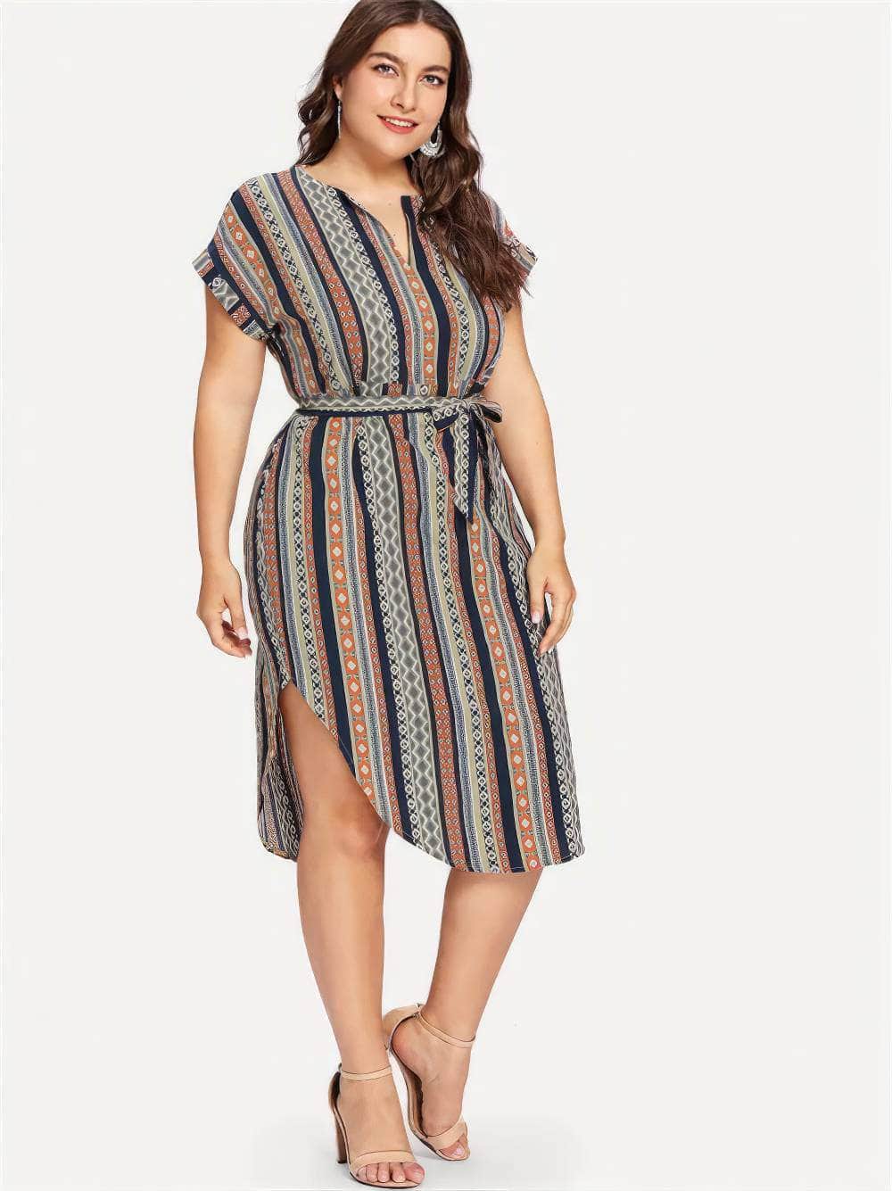 Plus Size Striped Split Belted Multi-Color Dress