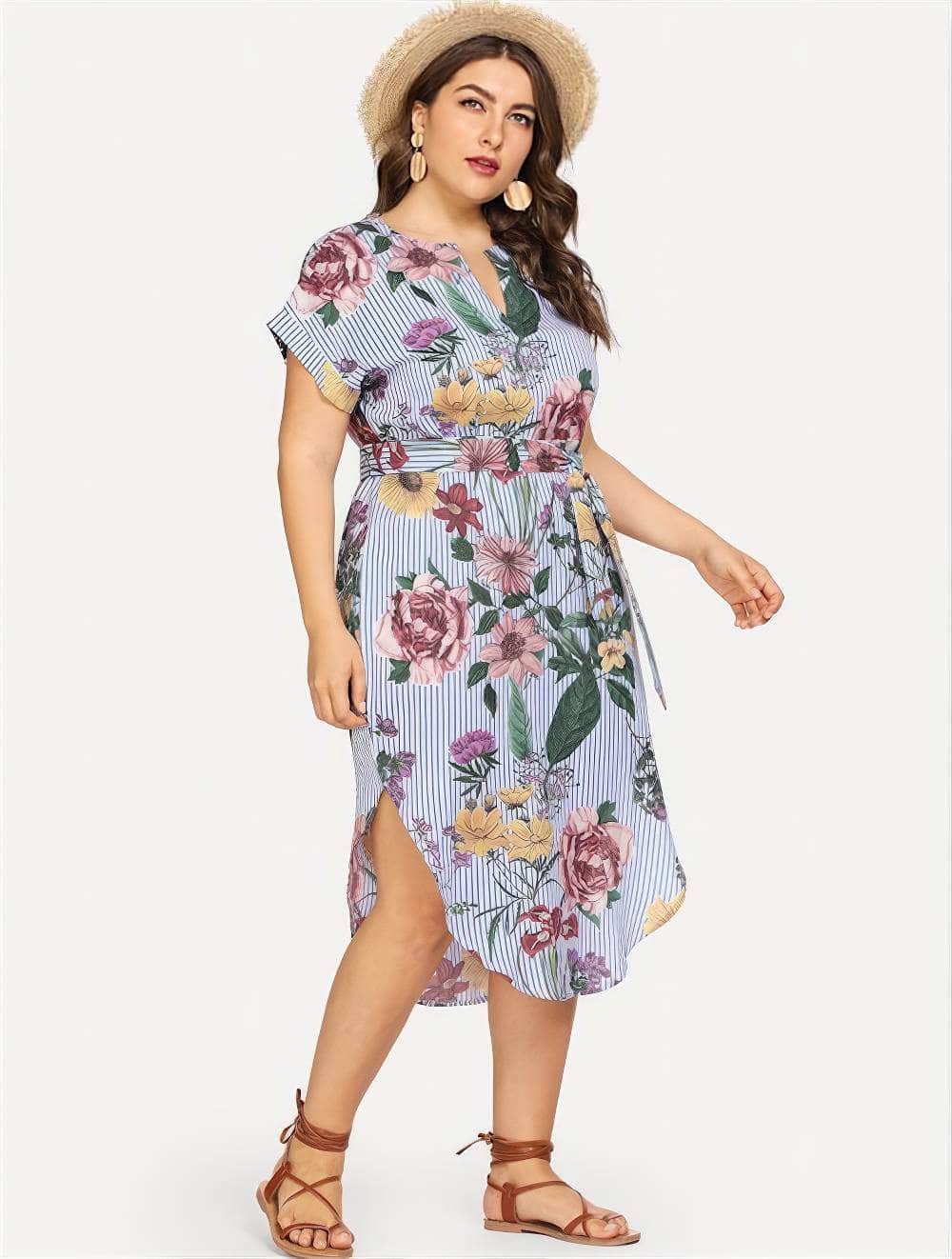 Plus Size Striped Split Belted Multi-Color Dress