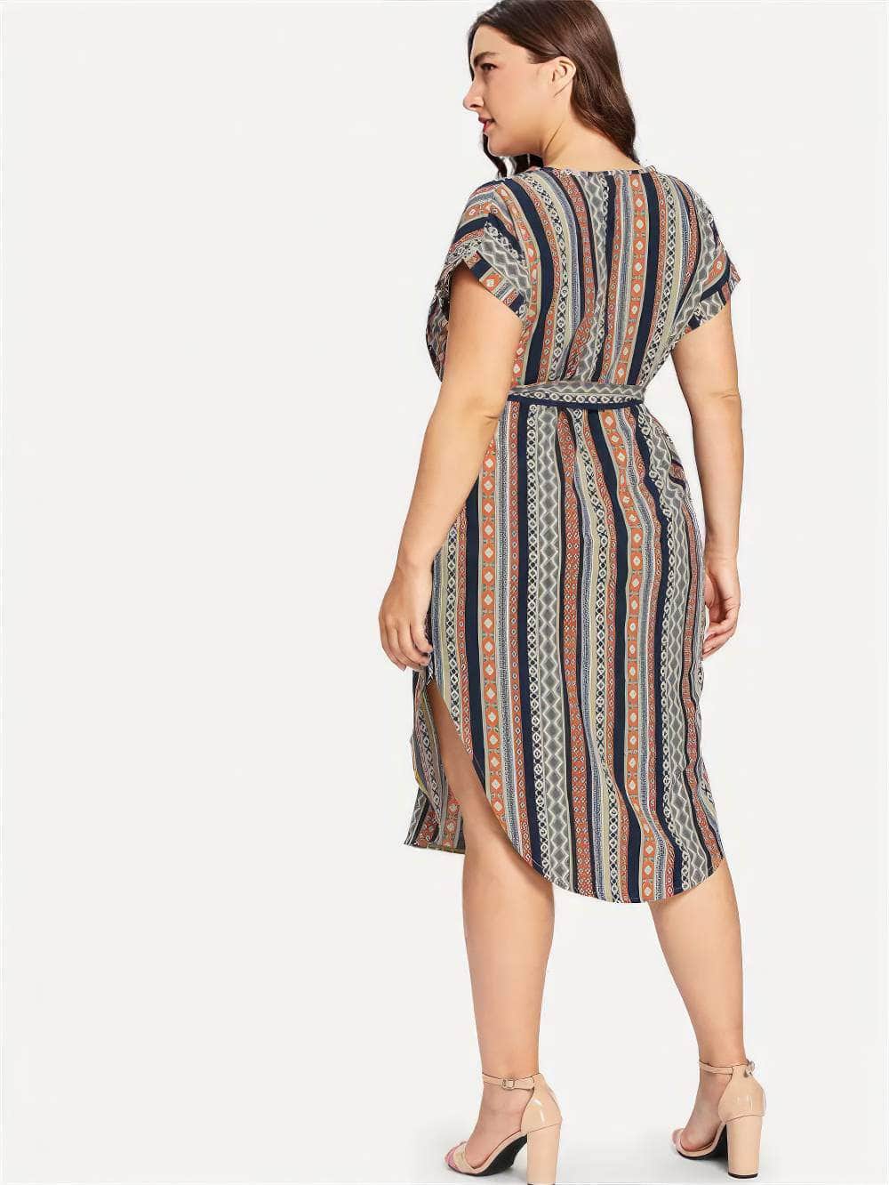 Plus Size Striped Split Belted Multi-Color Dress