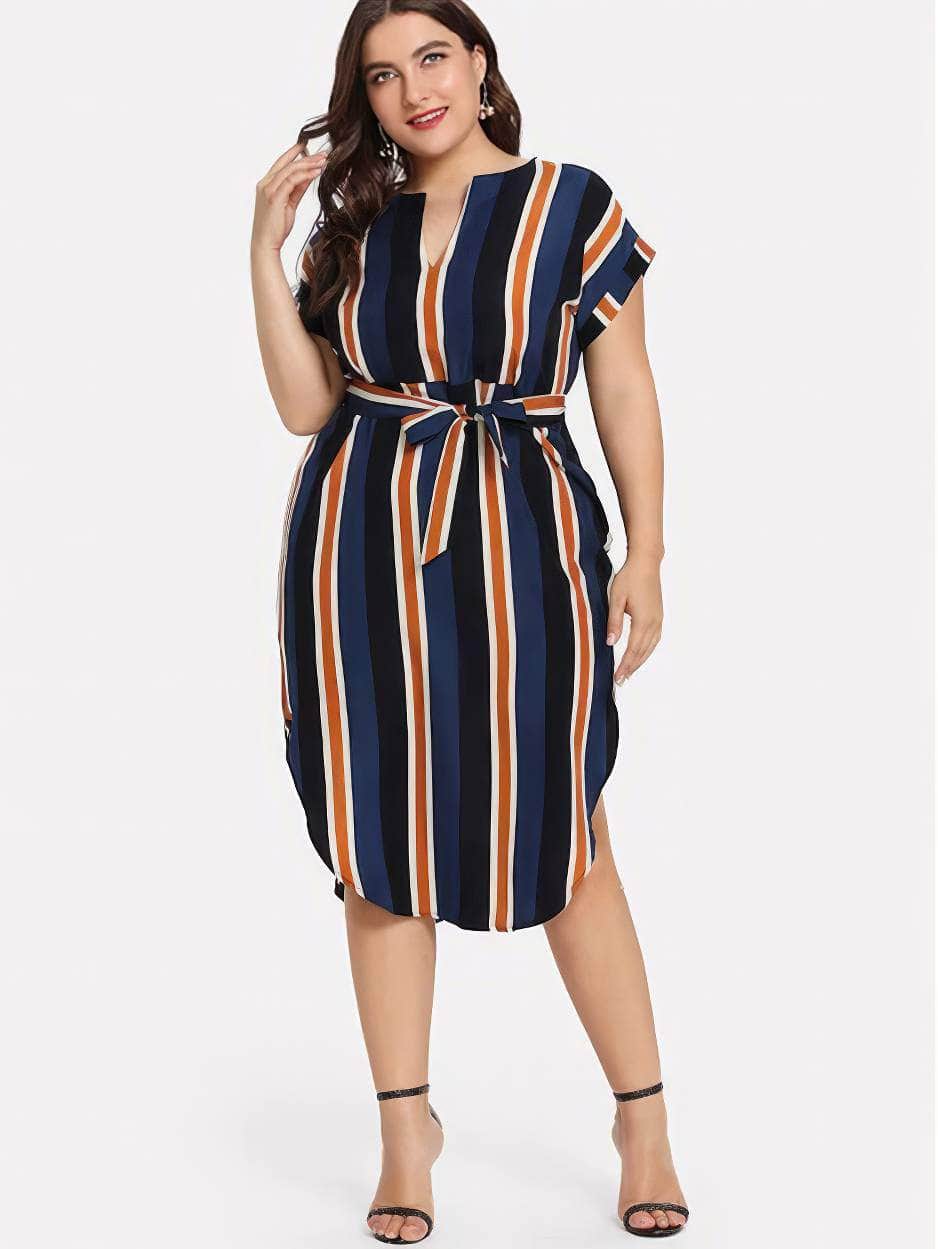 Plus Size Striped Split Belted Multi-Color Dress US 12-14 / Blue