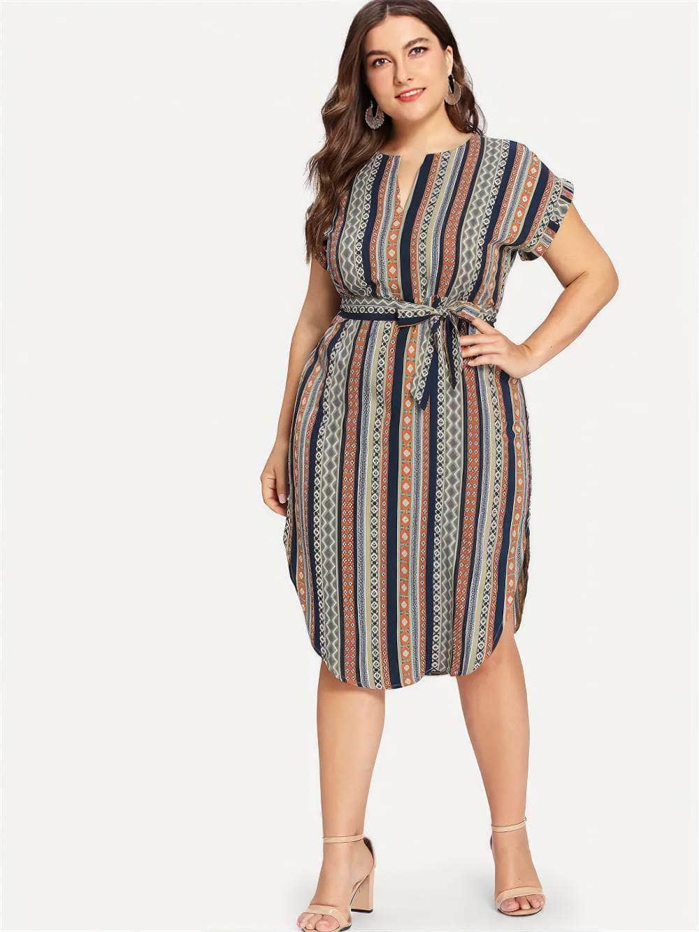 Plus Size Striped Split Belted Multi-Color Dress US 12-14 / Brown