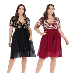 Plus Size Surplice Neck Floral Print Lace Mesh Midi Dress