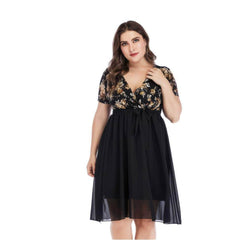 Plus Size Surplice Neck Floral Print Lace Mesh Midi Dress