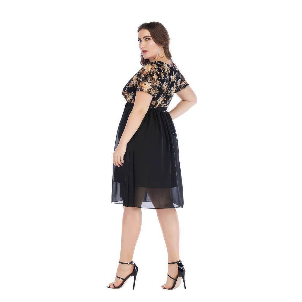 Plus Size Surplice Neck Floral Print Lace Mesh Midi Dress