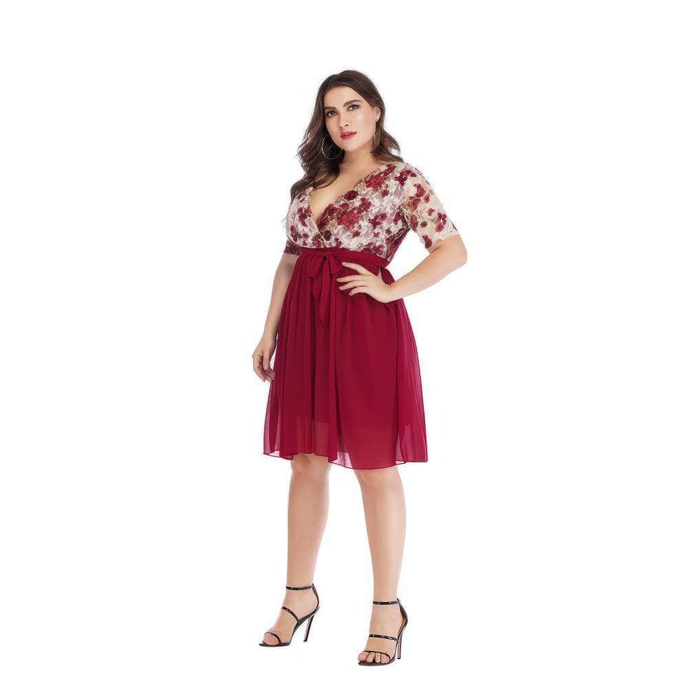 Plus Size Surplice Neck Floral Print Lace Mesh Midi Dress