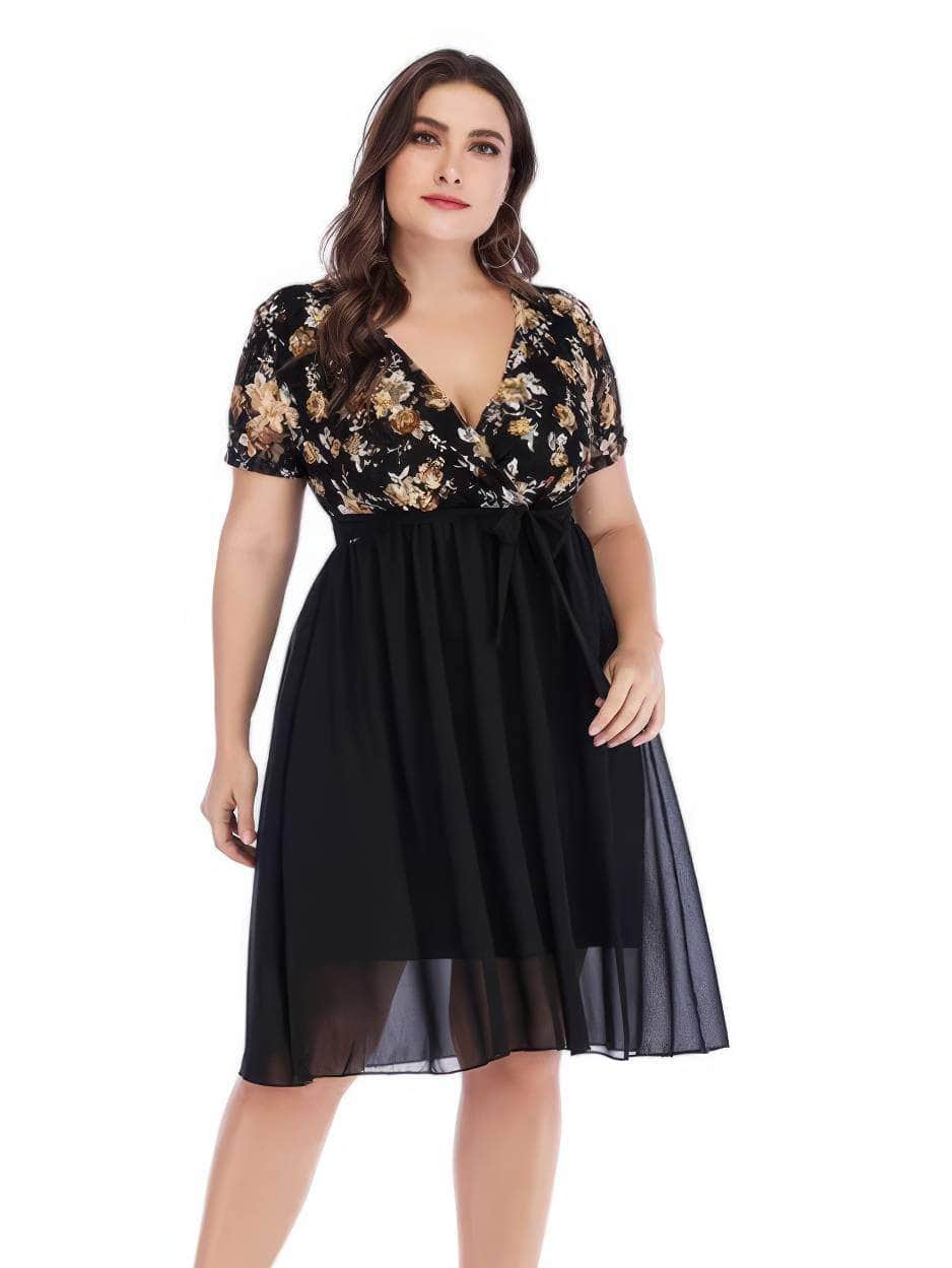 Plus Size Surplice Neck Floral Print Lace Mesh Midi Dress US 16-18 / Black