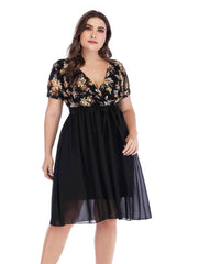 Plus Size Surplice Neck Floral Print Lace Mesh Midi Dress US 16-18 / Black