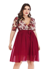 Plus Size Surplice Neck Floral Print Lace Mesh Midi Dress US 16-18 / DarkRed