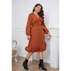 Plus Size Surplice Neck Pleated Hem Sash Waist Dress