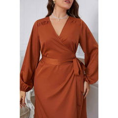 Plus Size Surplice Neck Pleated Hem Sash Waist Dress