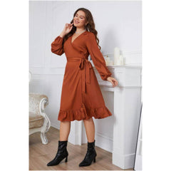 Plus Size Surplice Neck Pleated Hem Sash Waist Dress