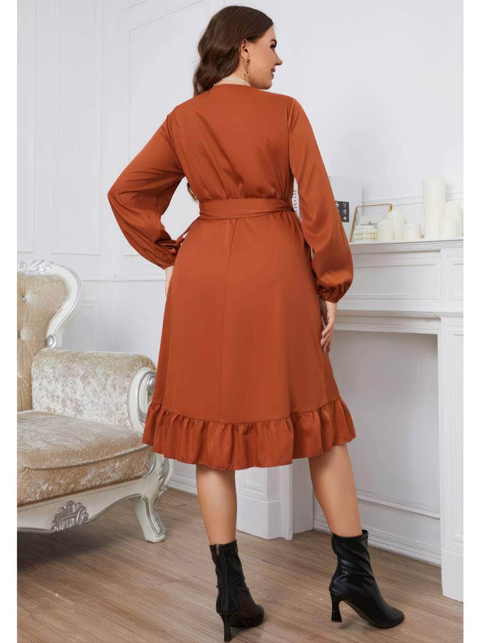 Plus Size Surplice Neck Pleated Hem Sash Waist Dress