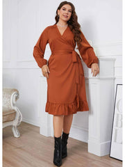 Plus Size Surplice Neck Pleated Hem Sash Waist Dress US 16-18 / Chocolate