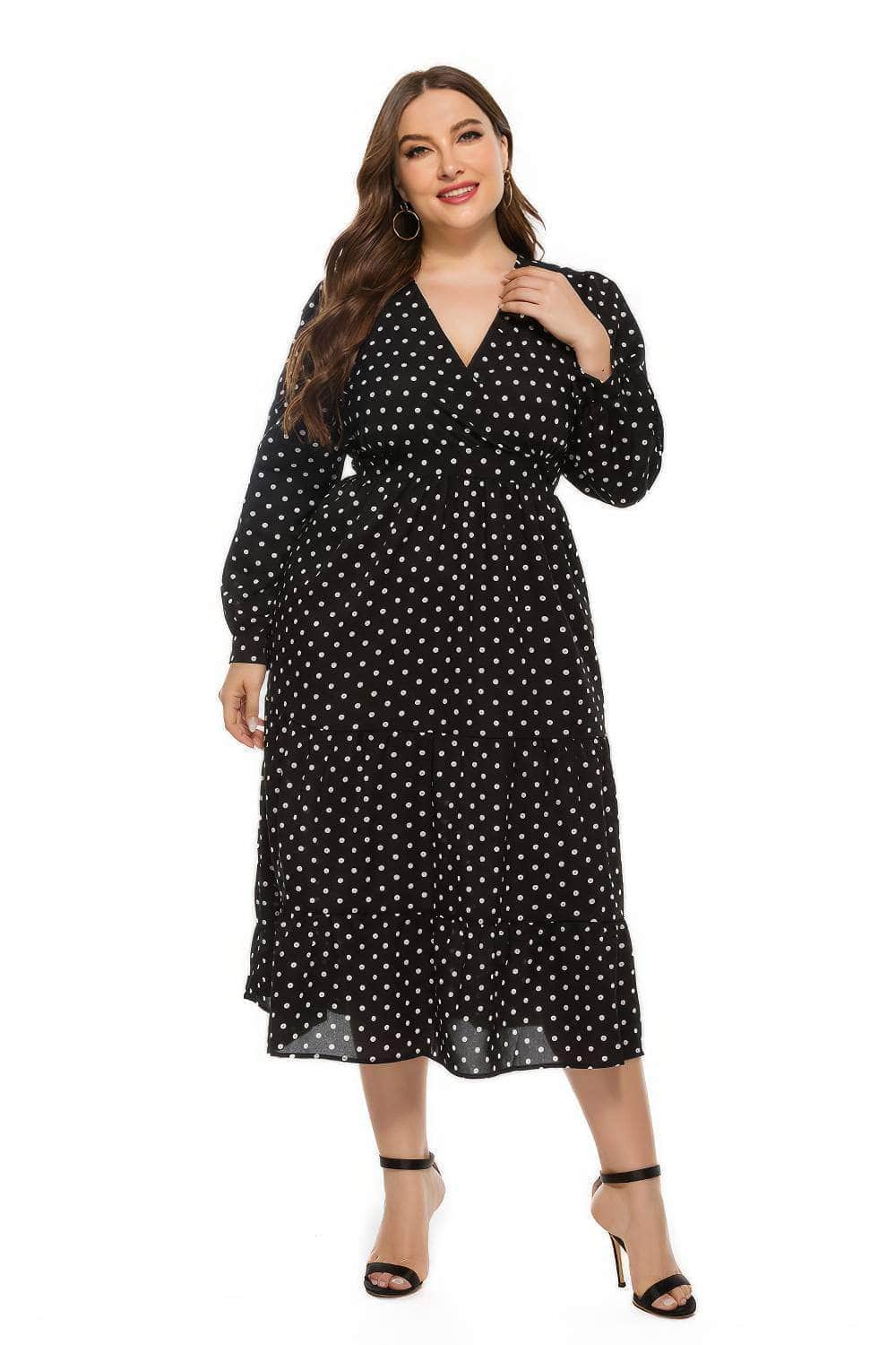 Plus Size Surplice Neck Polka Dot Mesh Dress