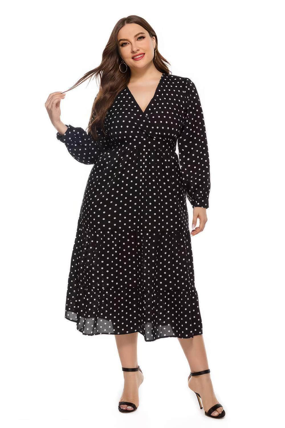 Plus Size Surplice Neck Polka Dot Mesh Dress