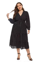 Plus Size Surplice Neck Polka Dot Mesh Dress