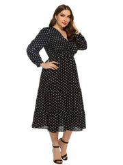 Plus Size Surplice Neck Polka Dot Mesh Dress
