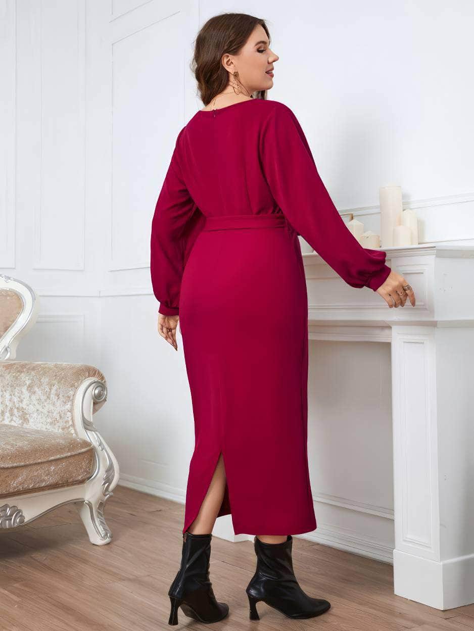 Plus Size Surplice Neck Sash Waist Dress