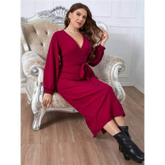 Plus Size Surplice Neck Sash Waist Dress