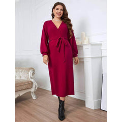 Plus Size Surplice Neck Sash Waist Dress