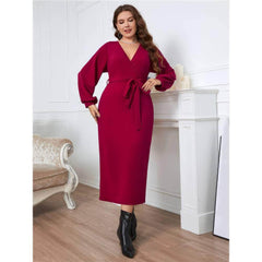 Plus Size Surplice Neck Sash Waist Dress