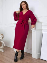 Plus Size Surplice Neck Sash Waist Dress US 16-18 / DarkRed
