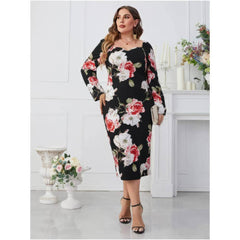 Plus Size Sweetheart Neck Floral Print Midi Dress
