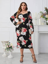 Plus Size Sweetheart Neck Floral Print Midi Dress US 16-18 / Black
