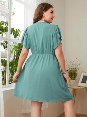 Plus Size Swiss Dot Ruffled Trim Butterfly Sleeves Dress