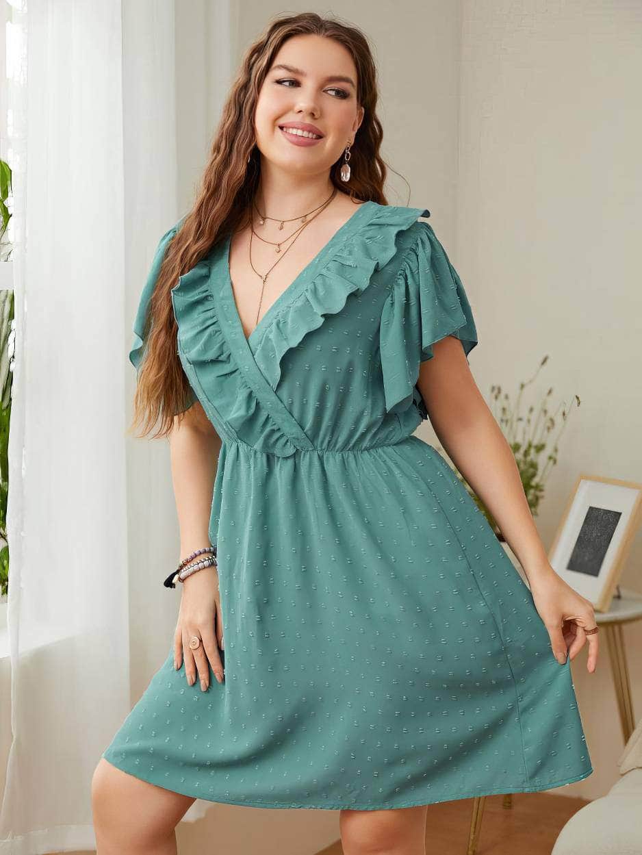 Plus Size Swiss Dot Ruffled Trim Butterfly Sleeves Dress